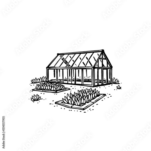 Minimalist greenhouse illustration surrounded by garden beds for creative projects