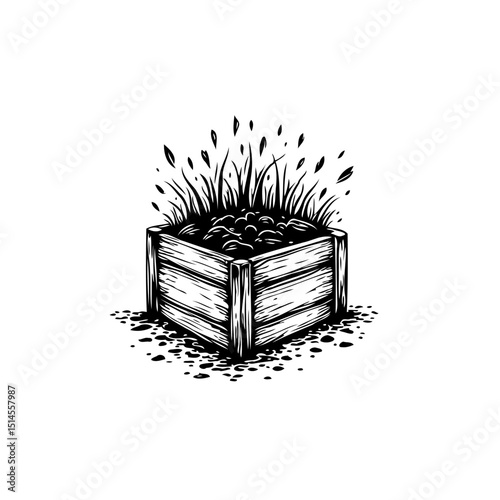 Hand-drawn illustration of a rustic wooden planter box filled with soil and vegetation