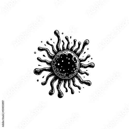 Monochrome viral cell illustration evoking disease and scientific exploration