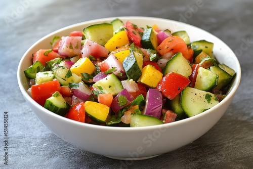 Fresh chopped vegetable salad with colorful peppers, cucumber, onion, and herbs in white bowl photo