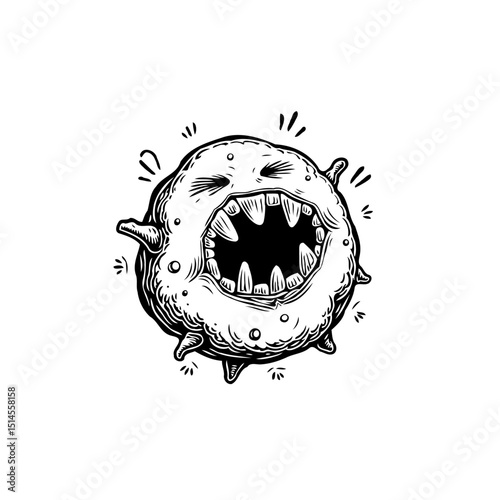 Cartoon illustration of a monstrous creature with sharp teeth and bulging eyes