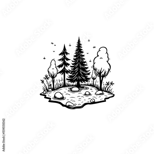 Monochrome illustration of a serene nature scene with trees and a tranquil pond