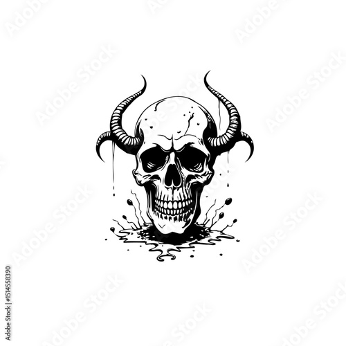 Creepy black and white skull with horns, perfect for tattoo designs and Halloween
