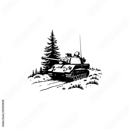 Monochrome Tank Illustration: Military Vehicle in a Natural Forest Setting