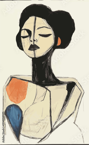 Japanese woman, portrait, vector, illustration, life drawing, abstract, art, geometric, artistic, creative, modern art, black lines, charcoal, ink, hand drawn, hand painted, woman, girl, beauty