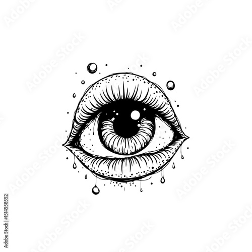Intricate line art of an eye with lashes dripping, conveying emotion and depth