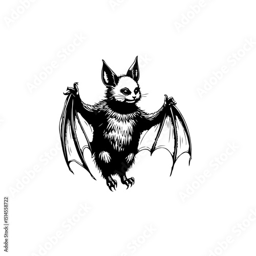 Monochrome bat illustration showcasing intricately drawn wings and facial features