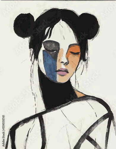 Harajuku girl, portrait, vector, illustration, life drawing, abstract, art, geometric, artistic, creative, modern art, black lines, charcoal, ink, hand drawn, hand painted, woman, girl, beauty