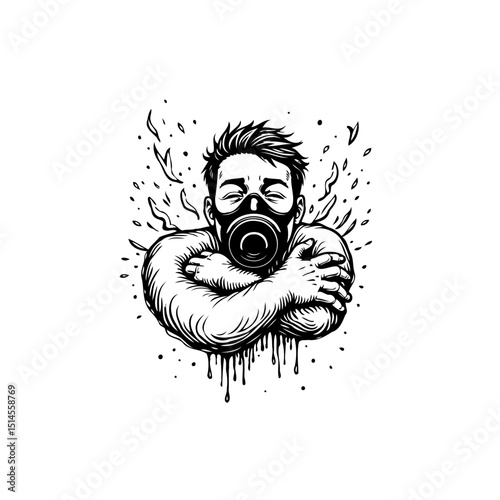 Person wearing gas mask with arms crossed and black ink dripping art illustration