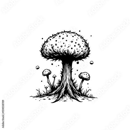 Mushroom illustration with unique, creative style and vintage, surreal concept