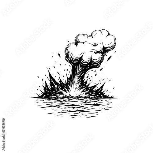 Explosive impact on the water surface with rising cloud and splash effect