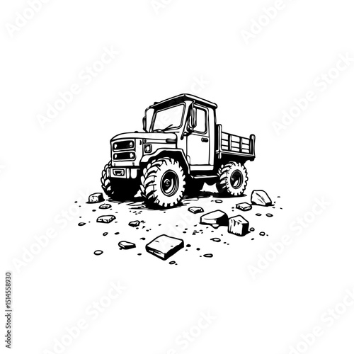 A Line Art Illustration of a Vintage Off-Road Vehicle on a Rocky Surface