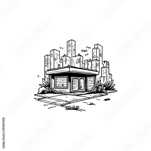 Artistic portrayal of a modern urban building integrated with a cityscape illustration