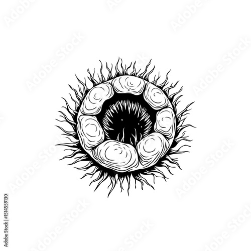 Abstract eerie floral form design, intricate black and white circular illustration