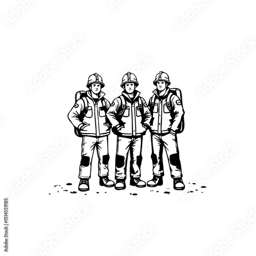 Three determined construction workers in full gear, standing united and ready to work