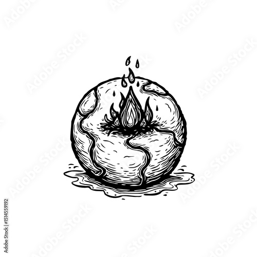 Global warming concept: Black and white drawing of burning earth illustration