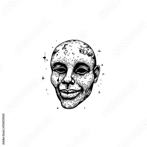 Eerie Engraving: Detailed Monochromatic Portrait of a Distorted Human Face
