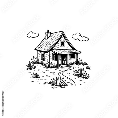 Hand Drawn Cozy Cottage Illustration with Clouds and Nature Surroundings