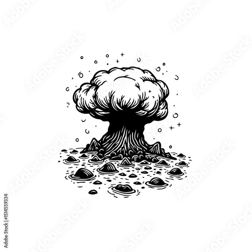 A stark monochrome illustration depicts a nuclear explosion over a rugged terrain