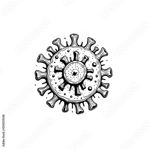 Hand-drawn illustration of a coronavirus cell isolated on a white background