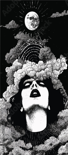 Retro psychedelic Poster, Vintage woman, cosmic scene, Album cover art, Moon and clouds, artwork banner, flyer, scary, goth, black and white, grunge, surreal dream, dark surrealist abstract background