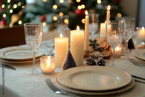 Elegant Christmas dinner table setting with candles, pinecones, and festive glassware in warm holiday light photo