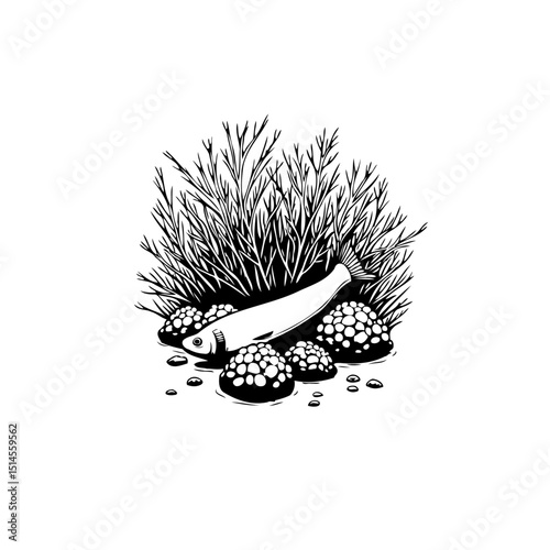 Monochromatic illustration of fish resting amongst aquatic plants and river stones