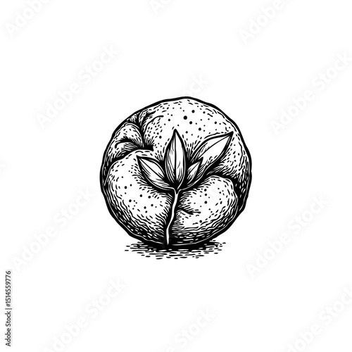 Detailed Monochrome Botanical Illustration of a Round Fruit with Leaf Accent