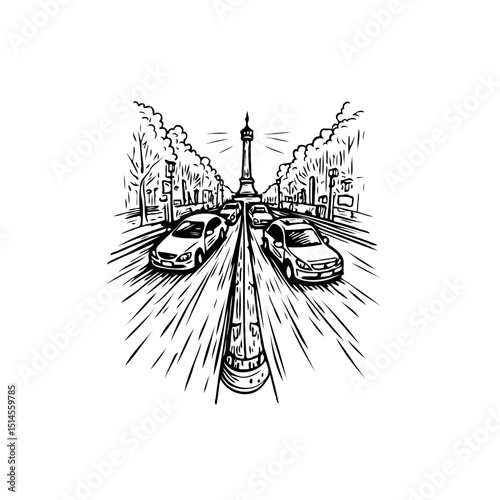 Captivating Monochromatic Parisian Street Scene with Cars and Iconic Landmark