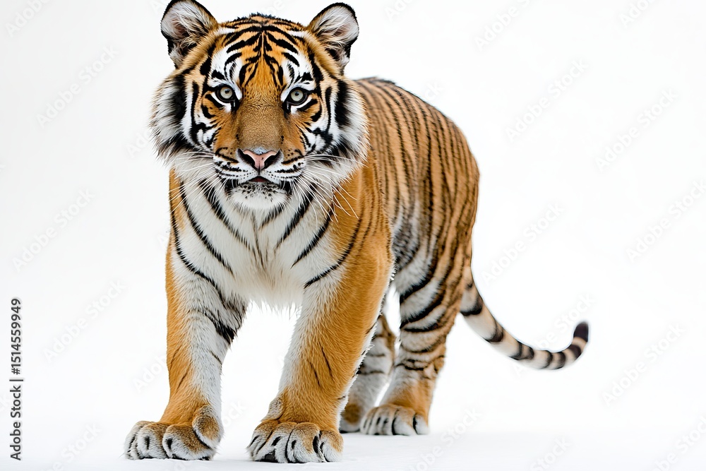 Obraz premium Fierce tiger walking forward with intense stare against clean white background