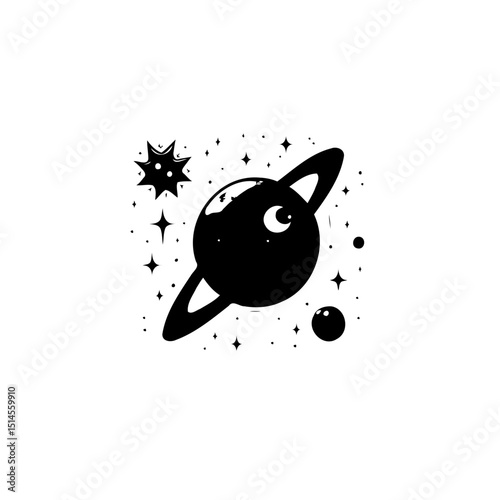 Black and White Cartoon Style Planet with Rings and Stars Illustration Design