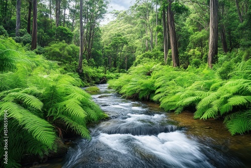 Serene water stream flowing through a vibrant fern forest in Otw, Pure clean water stream flows in fern forest of Otways, Australia, Victoria