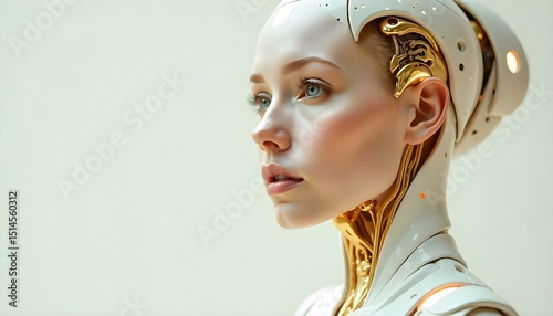 Beautiful Futuristic AI Girl Robot on Plain Background in Sci-Fi Style

