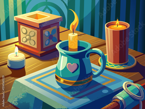 vector of A ceramic mug with a candle is placed on the table near the visible wedding ring box