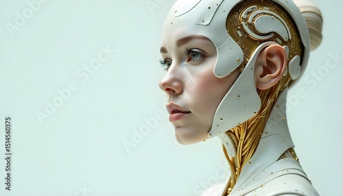 Beautiful Futuristic AI Girl Robot on Plain Background in Sci-Fi Style

