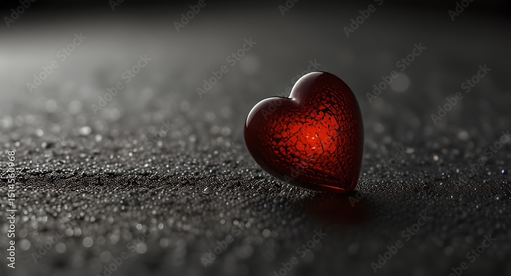 Fototapeta premium A single red heart-shaped object on a reflective wet surface, prominently displayed against a plain monochrome background. 