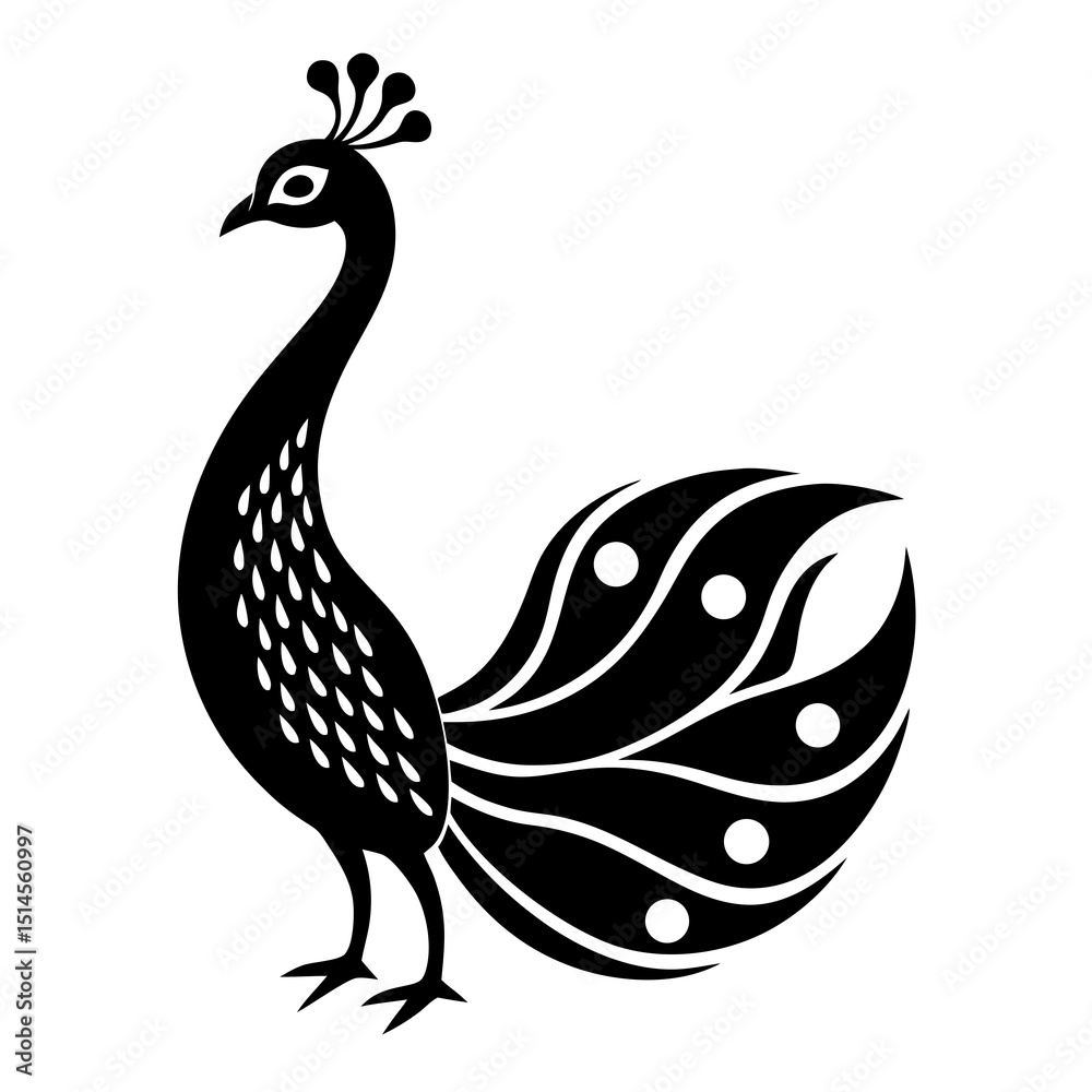 Fototapeta premium Stylized Black and White Peacock Silhouette with Decorative Tail Feathers