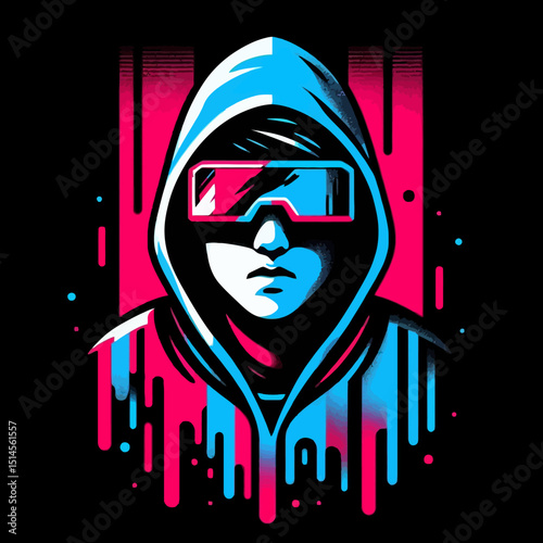 "Cyberpunk Hacker Avatar in Neon Glitch Style Vector Art"