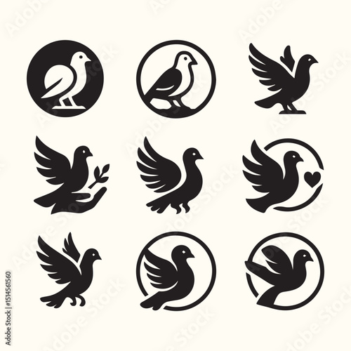 silhouettes of birds, set of birds silhouettes, pigeons collection