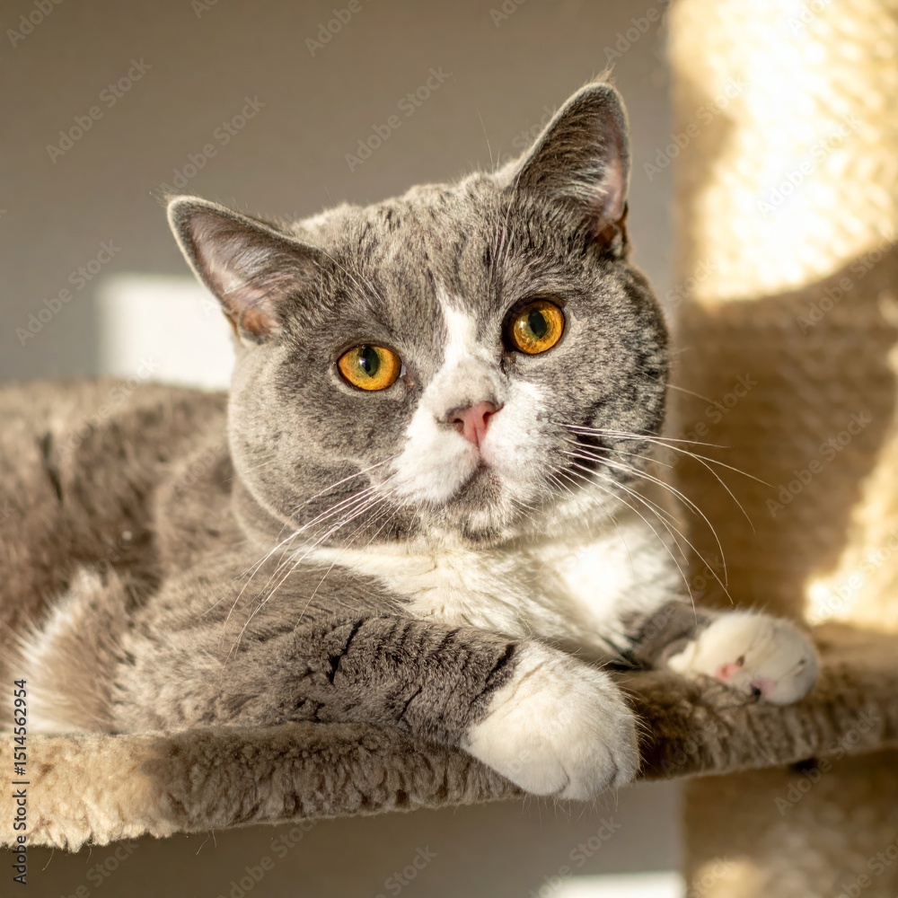 Fototapeta premium British Shorthair cat lying on cat tree in warm sunlight, looking at camera