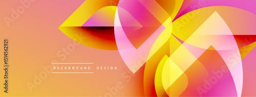 Abstract design features overlapping translucent shapes. Warm colors dominate, creating dynamic visual effect. Gradient background adds depth.