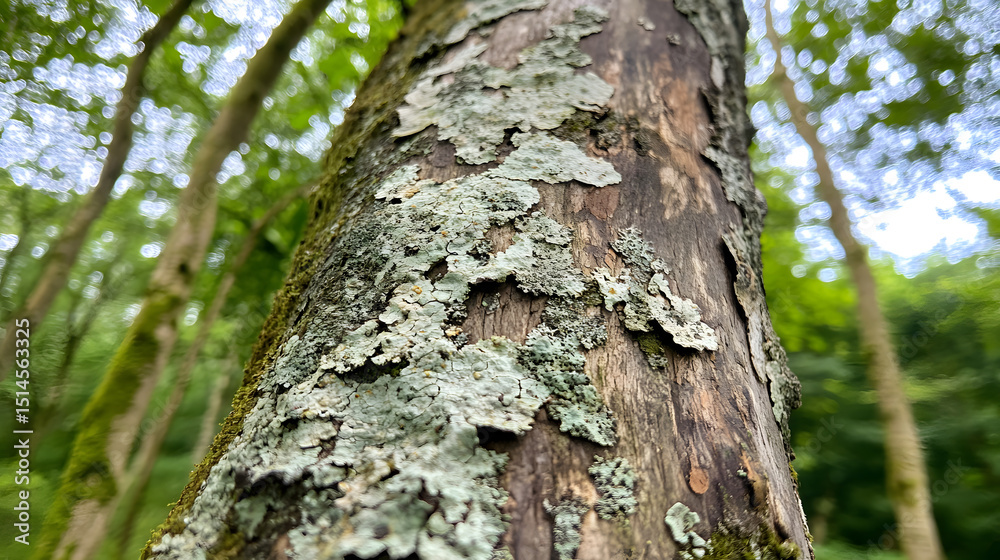 Obraz premium Detailed lichenous texture on bark of old tree in wood with green moss and blurred forest background creating natural and peaceful atmosphere