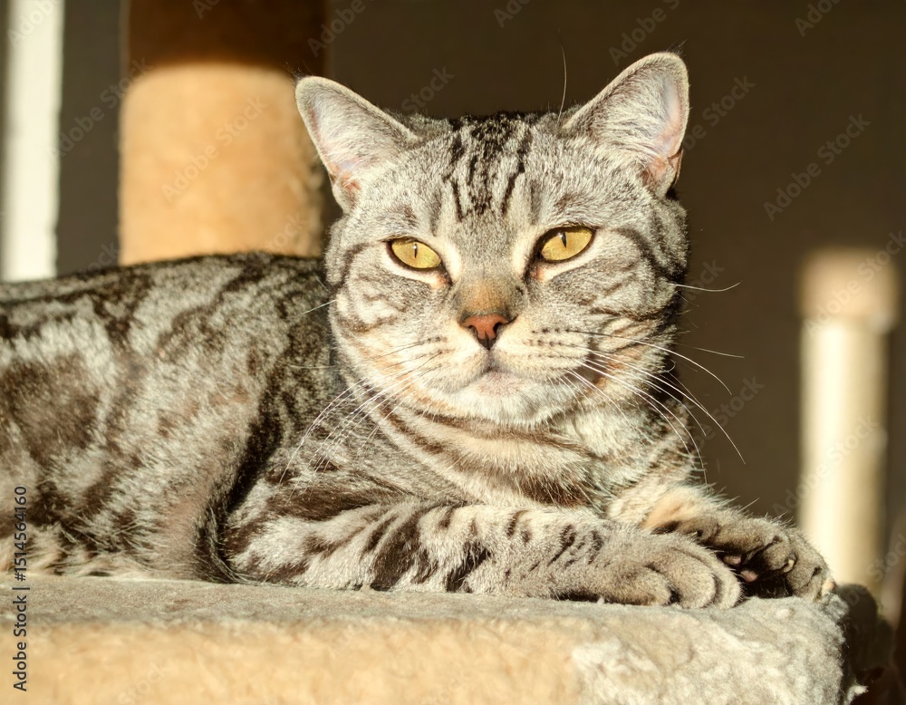 Fototapeta premium Scottish Fold cat is lying cozily on a shelf of its cat tree, basking in the warm sunlight streaming through the window and looking in the camera