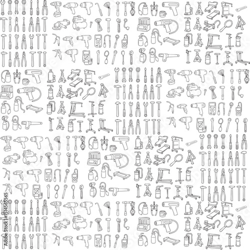 Detailed HandDrawn Collection of Various Tools and Equipment for Repair and Maintenance