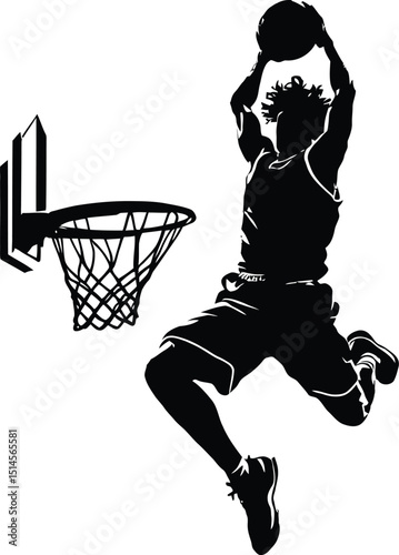 Dynamic basketball player performing slam dunk action black silhouette vector for sports and game design