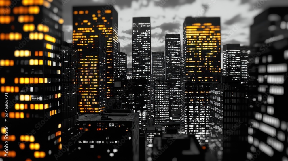 Obraz premium Night Cityscape Illuminated Skyscrapers at Dusk A Stunning View of Modern Architecture