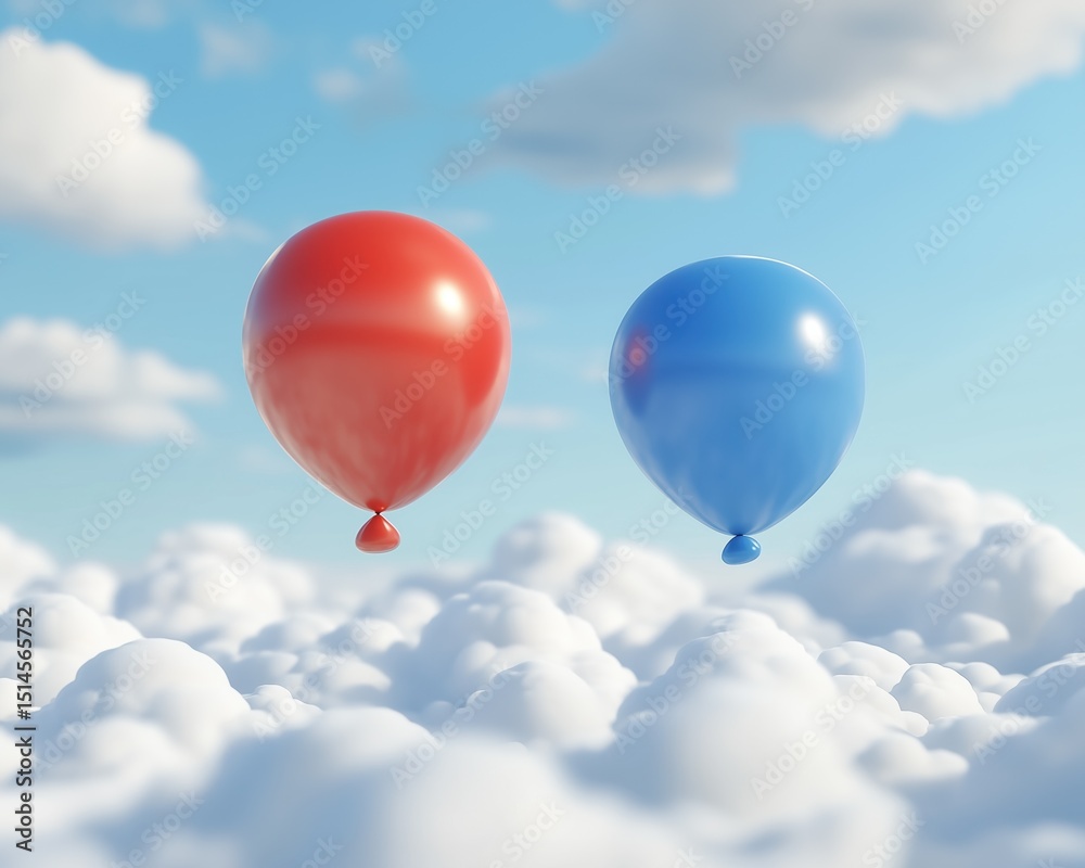 Fototapeta premium Red and blue balloons floating among soft clouds in blue sky
