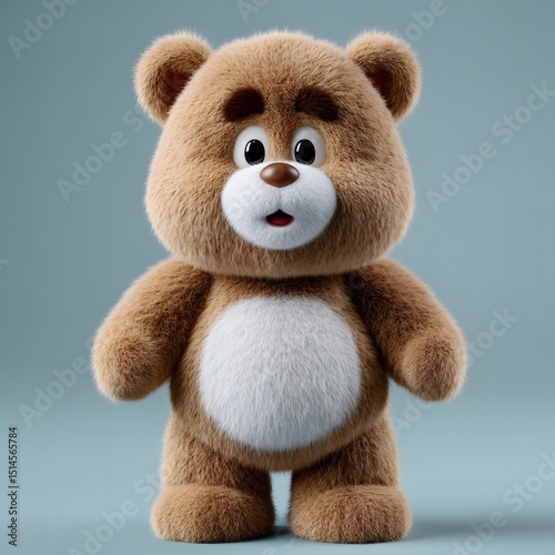 Surprised Fluffy Brown Teddy Bear on Blue Background