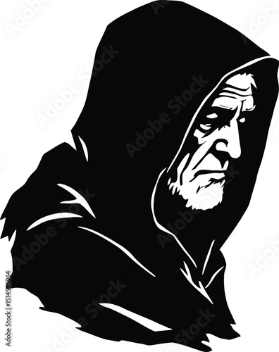Mysterious Hooded Old Man Vector Illustration - Dark Robe Figure SVG