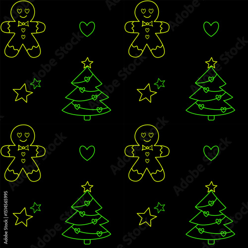 Vector seamless pattern with neon Christmas trees, gingerbread cookies, hearts and stars on black background. Modern festive design with glowing holiday vibe.
